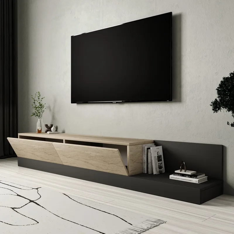 TV-benk Homitis Major (180 x 30 x 37 cm) Travertin antrasitt - Travertin/Antrasitt - Møbler - Mediamøbel & tv møbel - TV-benk & mediabenk