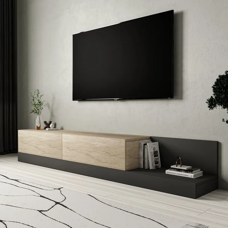 TV-benk Homitis Major (180 x 30 x 37 cm) Travertin antrasitt - Travertin/Antrasitt - Møbler - Mediamøbel & tv møbel - TV-benk & mediabenk