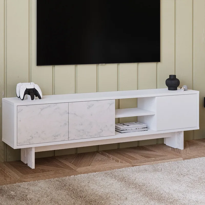 TV-benk Homitis Ravello (150 x 45 x 30 cm) Hvit marmor - Møbler - Mediamøbel & tv møbel - TV-benk & mediabenk