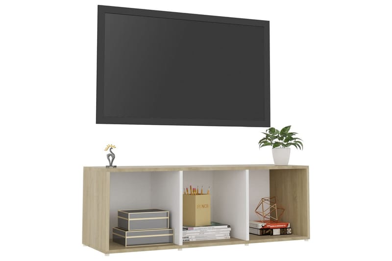 TV-benk hvit og sonoma eik 107x35x37 cm sponplate - Beige - TV-benk & mediabenk