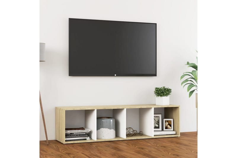 TV-benk hvit og sonoma eik 142,5x35x36,5 cm sponplate - Beige - TV-benk & mediabenk