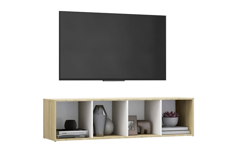 TV-benk hvit og sonoma eik 142,5x35x36,5 cm sponplate - Beige - TV-benk & mediabenk