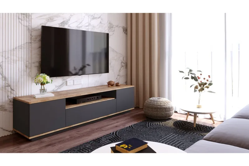 Anari TV-benk 180 cm med hylle, Antrasitt / Natur