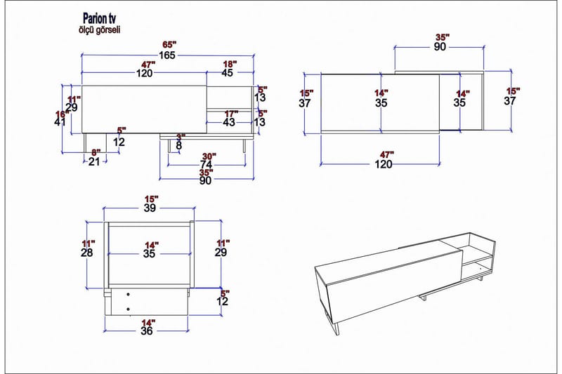 Andifli Tv-benk 165x41 cm - Hvit - TV-benk & mediabenk