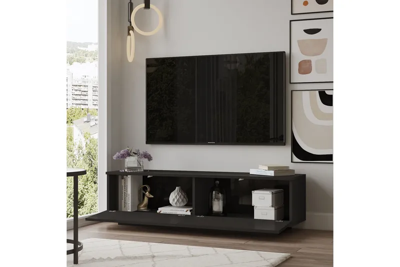 Caswell Gulvstående Tv-benk 140 cm med Oppbevaring i Malt Tre - Svart - Møbler - Mediamøbel & tv møbel - TV-benk & mediabenk