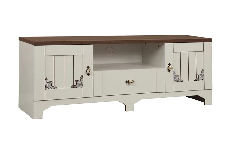 Gaszpar TV-benk 140 cm, Hvit/Valnøtt