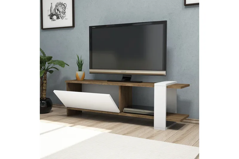 Gersby Frittstående TV-benk 120 cm med Oppbevaring i Mørkt Tre - Hvit|Brun - Møbler - Mediamøbel & tv møbel - TV-benk & mediabenk