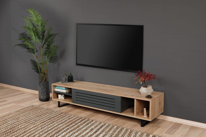 Gersby Gulvstående TV-benk 160 cm med Oppbevaring i Lyst Tre - Grå|Beige - Møbler - Mediamøbel & tv møbel - TV-benk & mediabenk