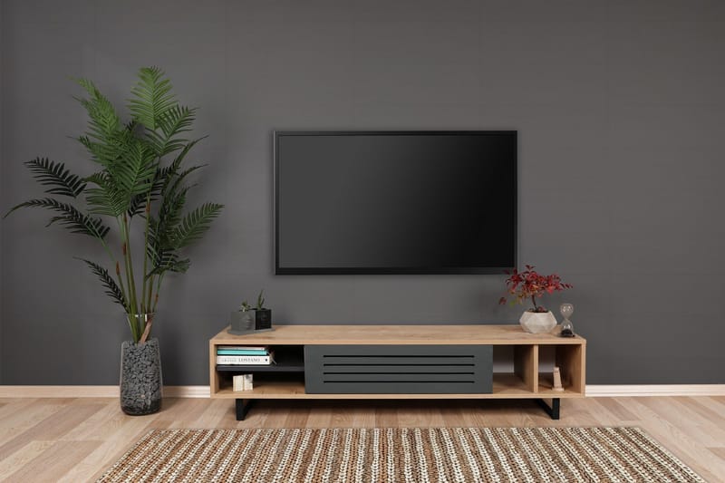 Gersby Gulvstående TV-benk 160 cm med Oppbevaring i Lyst Tre - Grå|Beige - Møbler - Mediamøbel & tv møbel - TV-benk & mediabenk