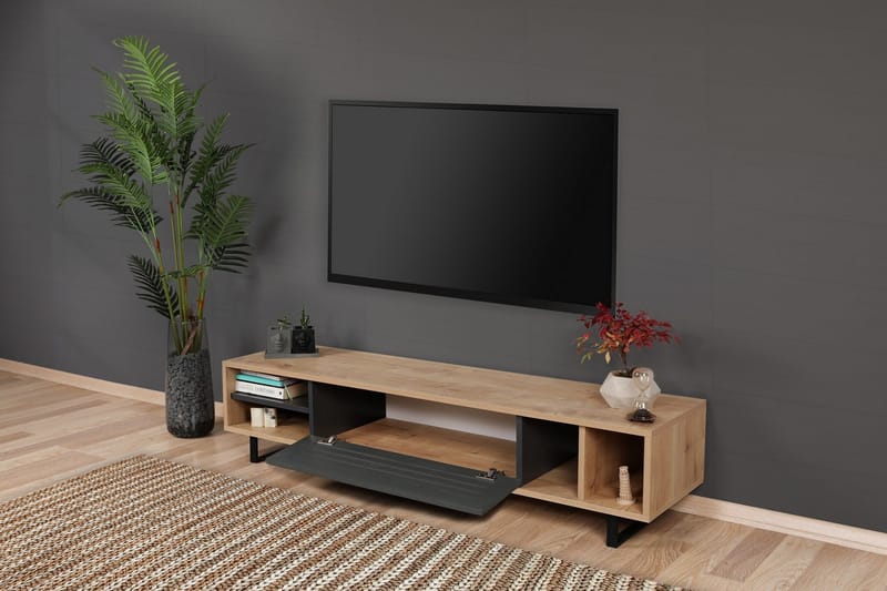 Gersby Gulvstående TV-benk 160 cm med Oppbevaring i Lyst Tre - Grå|Beige - Møbler - Mediamøbel & tv møbel - TV-benk & mediabenk