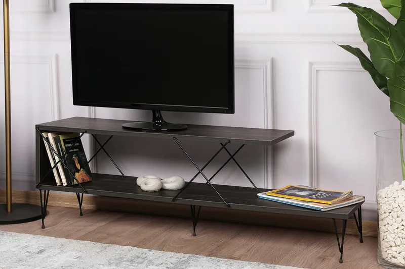 Jaennis TV-benk 120 cm med Oppbevaring i Mørkt Tre, Mørkegrå