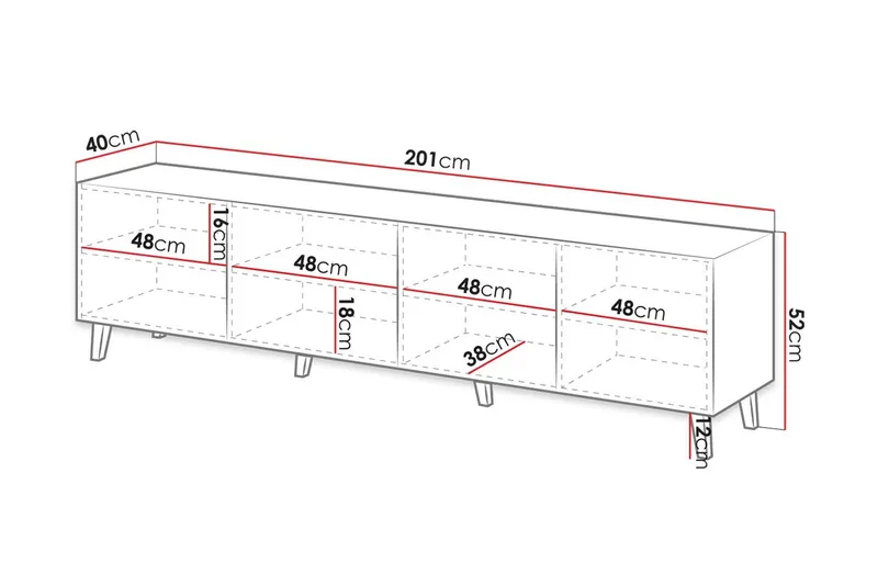 Juniskär TV-benk med Oppbevaring + Hyller 40x52x200 cm - Svart / Brun / Ribbet - Møbler - Mediamøbel & tv møbel - TV-benk & mediabenk