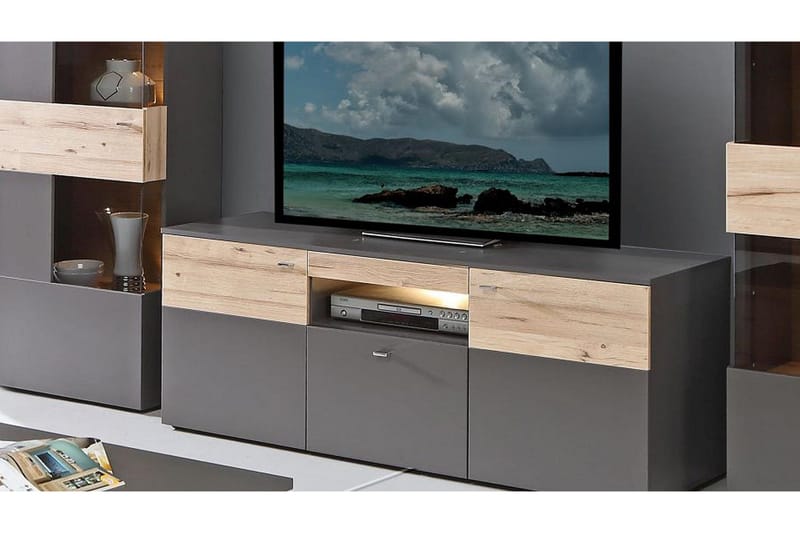 Lianne TV-benk 150 cm 2 Dører Skuff inkl. Belysning - Plank Eik/Grå - Møbler - Mediamøbel & tv møbel - TV-benk & mediabenk