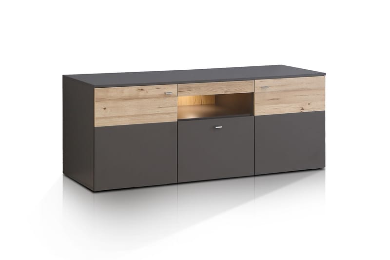 Lianne TV-benk 150 cm 2 Dører Skuff inkl. Belysning - Plank Eik/Grå - Møbler - Mediamøbel & tv møbel - TV-benk & mediabenk