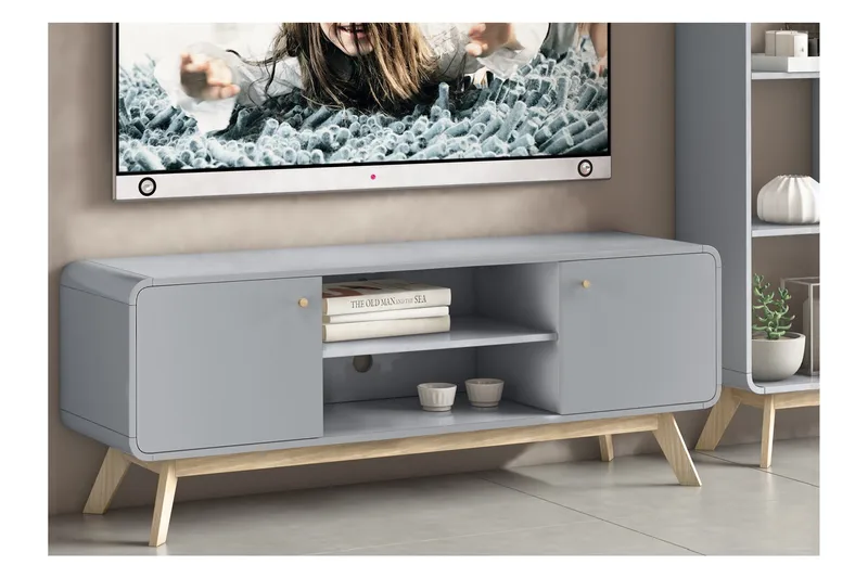 Olivet TV-benk Rektangulær 140 cm med Oppbevaring i Malt Tre - Grå - Møbler - Mediamøbel & tv møbel - TV-benk & mediabenk