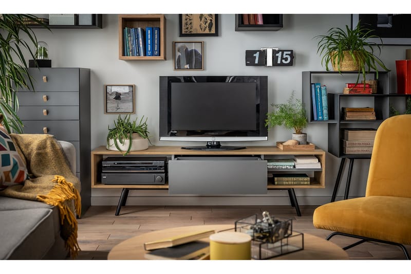 RIBBON TV-benk 160 cm med Oppbevaring Tre / Natur / Grå / Sv - VOX - Møbler - Mediamøbel & tv møbel - TV-benk & mediabenk