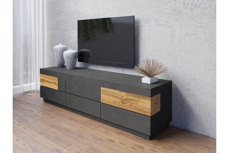 Silke Modern Gulvstående TV-benk 206 cm med Oppbevaring i Eik - Antrasitt - Møbler - Mediamøbel & tv møbel - TV-benk & mediabenk