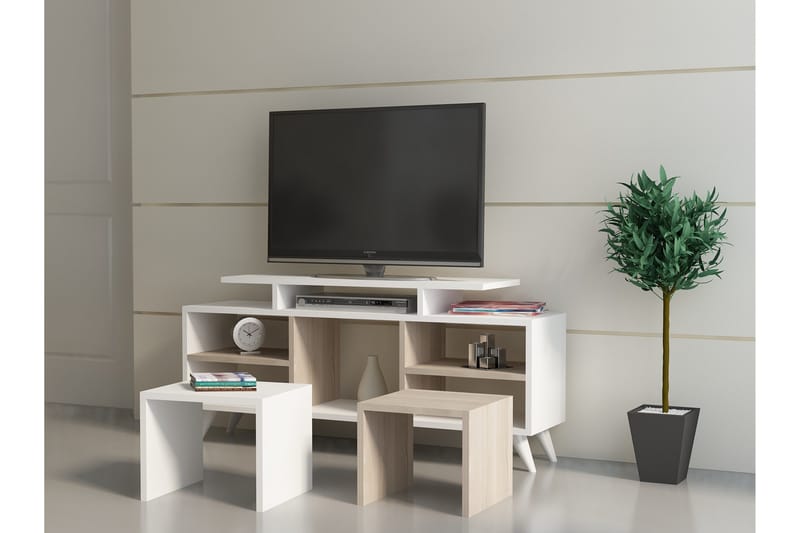 Sqandie Gulvstående TV-benk 120 cm med Oppbevaring i Malt Tre - Hvit - Møbler - Mediamøbel & tv møbel - TV-benk & mediabenk