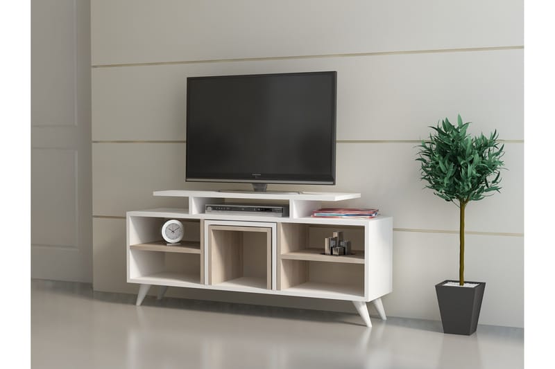 Sqandie Gulvstående TV-benk 120 cm med Oppbevaring i Malt Tre - Hvit - Møbler - Mediamøbel & tv møbel - TV-benk & mediabenk