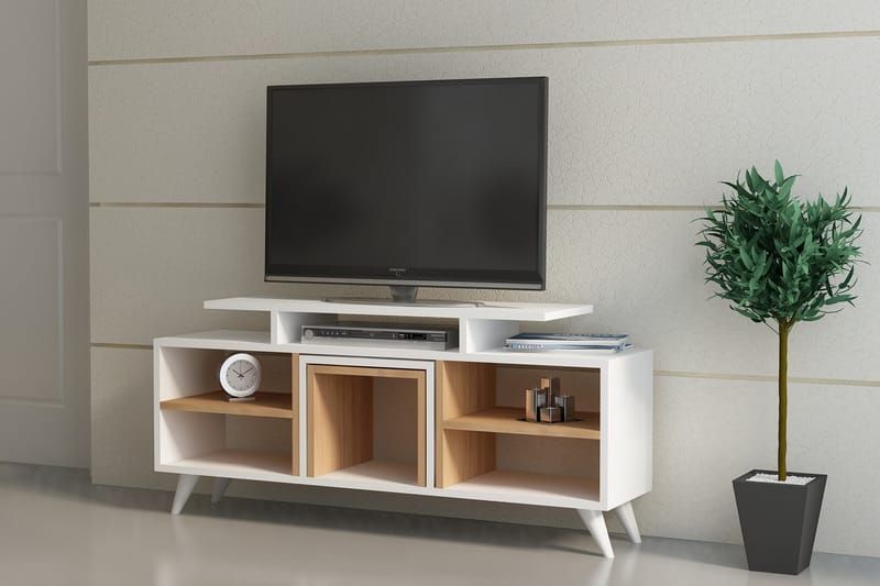 Sqandie TV-benk 120 cm - Hvit/Teak - TV-benk & mediabenk