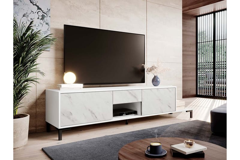 TV-benk Gulvstående 195 cm med Oppbevaring i Tre - Hvit - Møbler - Mediamøbel & tv møbel - TV-benk & mediabenk