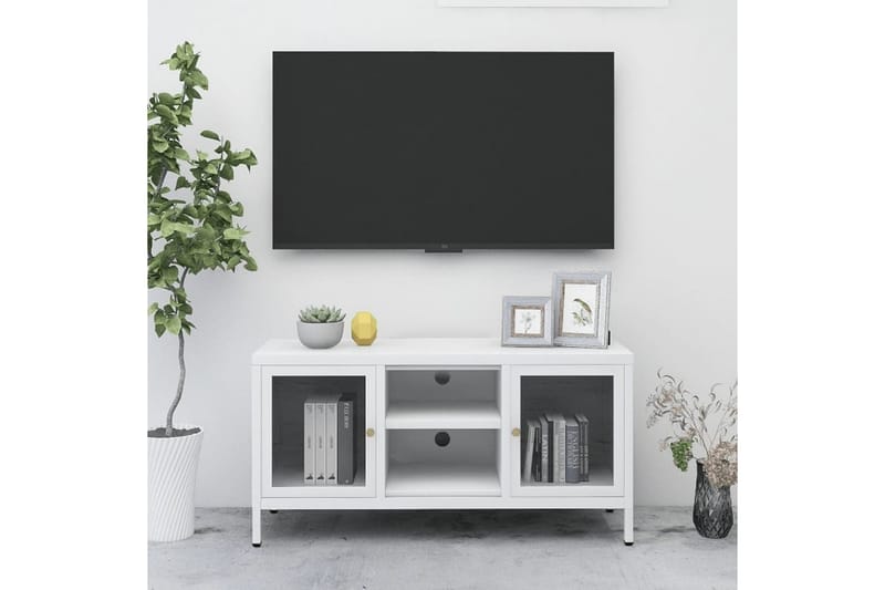TV-benk hvit 105x35x52 cm stål og glass - Hvit - Møbler - Mediamøbel & tv møbel - TV-benk & mediabenk