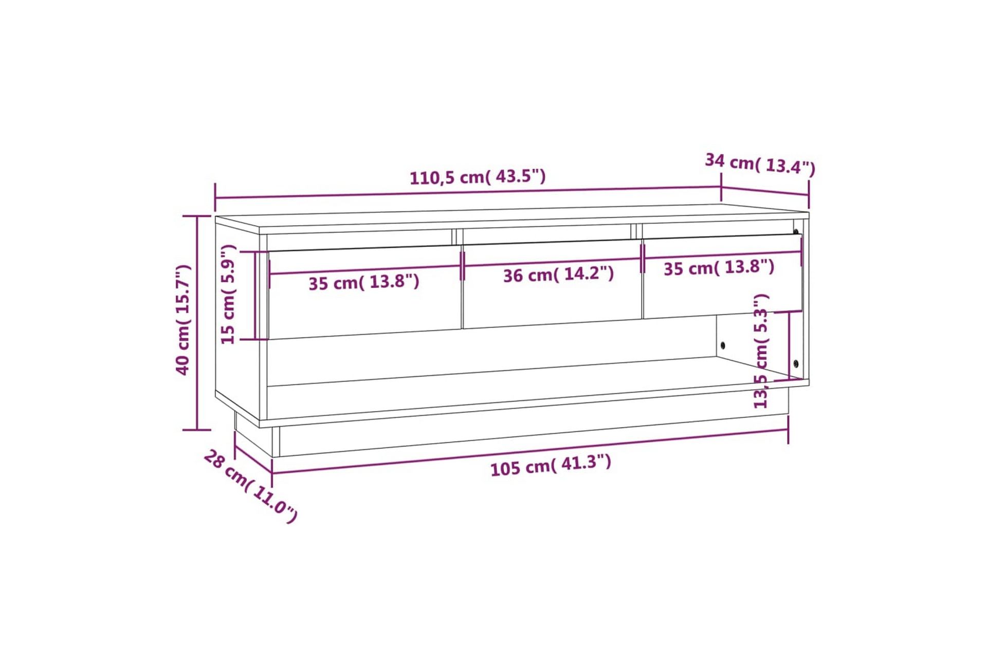 TV-benk hvit 110,5x34x40 cm heltre furu - Hvit - Møbler - Mediamøbel & tv møbel - TV-benk & mediabenk