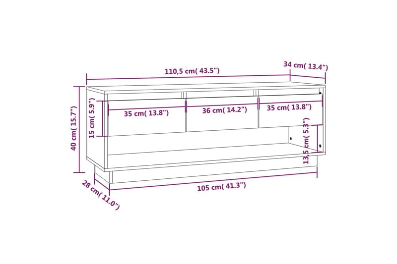 TV-benk hvit 110,5x34x40 cm heltre furu - Hvit - TV-benk & mediabenk