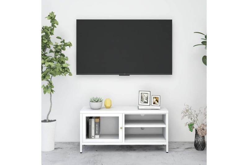 TV-benk hvit 90x30x44 cm stål og glass - Hvit - Møbler - Mediamøbel & tv møbel - TV-benk & mediabenk
