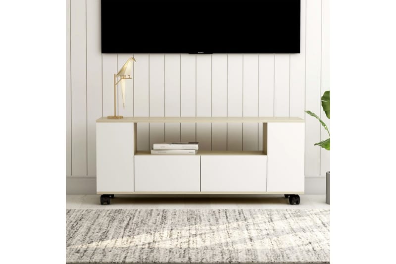 TV-benk hvit og sonoma eik 120x35x43 cm sponplate - Beige - TV-benk & mediabenk
