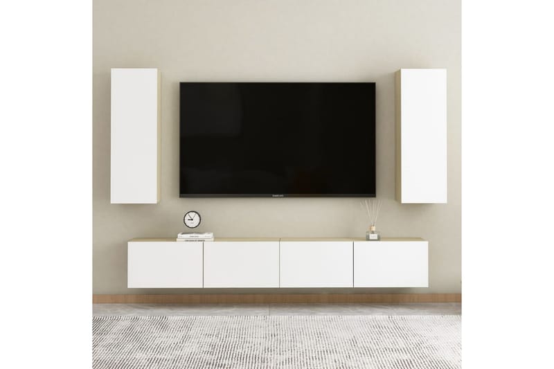 TV-benk hvit og sonoma eik 30,5x30x90 cm sponplate - Beige - Møbler - Mediamøbel & tv møbel - TV-benk & mediabenk