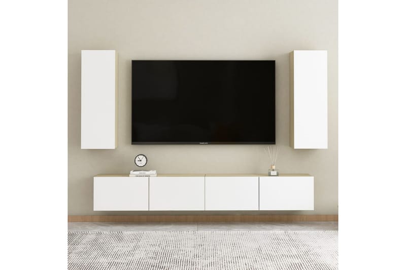 TV-benk hvit og sonoma eik 30,5x30x90 cm sponplate - Beige - TV-benk & mediabenk