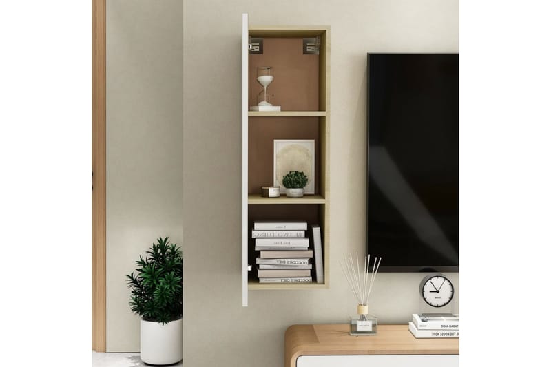 TV-benk hvit og sonoma eik 30,5x30x90 cm sponplate - Beige - Møbler - Mediamøbel & tv møbel - TV-benk & mediabenk
