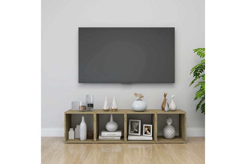 TV-benk hvit og sonoma eik 37x35x37 cm sponplate - Beige - TV-benk & mediabenk