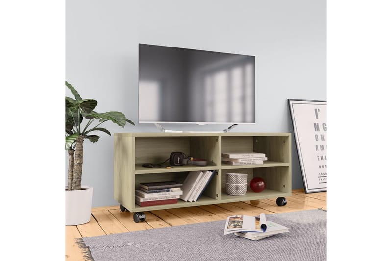 TV-benk med hjul sonoma eik 90x35x35 cm sponplate - Brun - Møbler - Mediamøbel & tv m�øbel - TV-benk & mediabenk