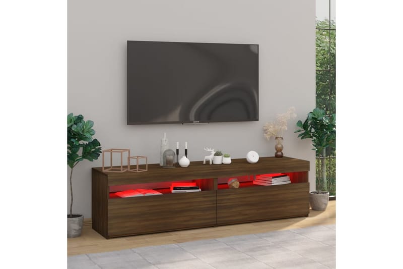 TV-benk med LED-lys 2 stk brun eik 75x35x40 cm - Brun - Møbler - Mediamøbel & tv møbel - TV-benk & mediabenk