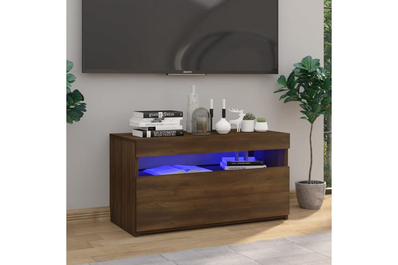 TV-benk med LED-lys brun eik 75x35x40 cm - Brun - Møbler - Mediamøbel & tv møbel - TV-benk & mediabenk
