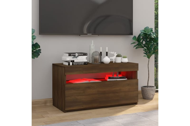 TV-benk med LED-lys brun eik 75x35x40 cm - Brun - Møbler - Mediamøbel & tv møbel - TV-benk & mediabenk