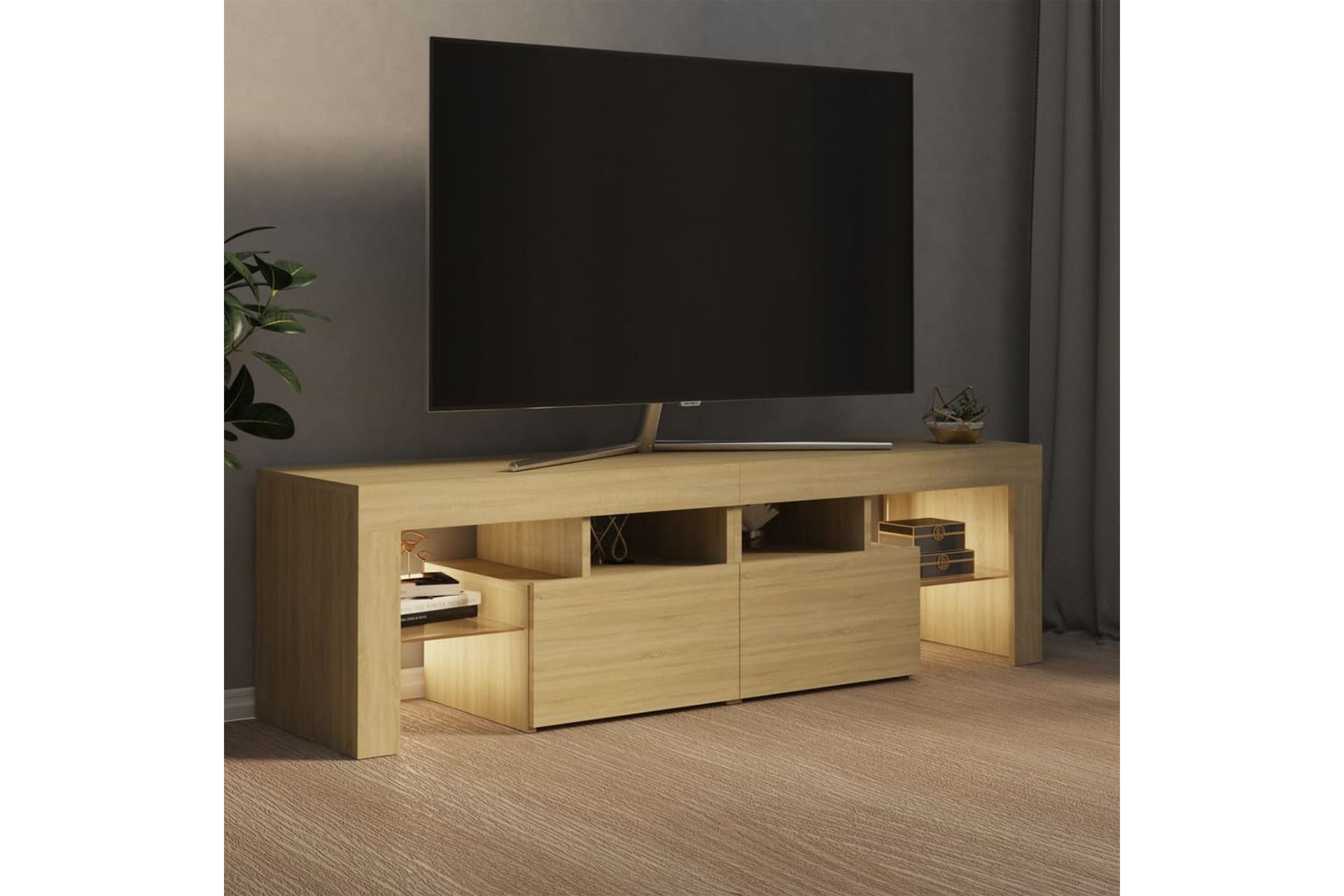 TV-benk med LED-lys sonoma eik 140x35x40 cm - Brun - Møbler - Mediamøbel & tv møbel - TV-benk & mediabenk