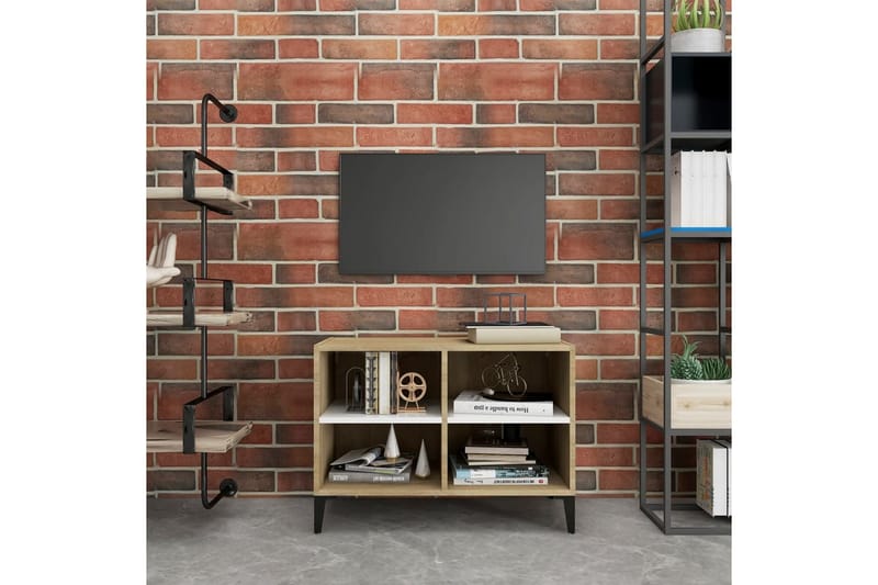 TV-benk med metallben hvit og sonoma eik 69,5x30x50 cm - Beige - TV-benk & mediabenk