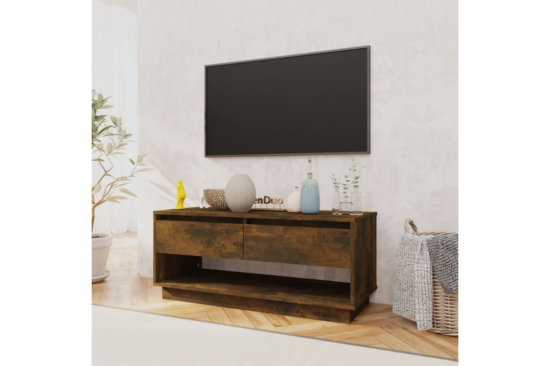 TV-benk røkt eik 102x41x44 cm sponplate - Brun - Møbler - Mediamøbel & tv møbel - TV-benk & mediabenk