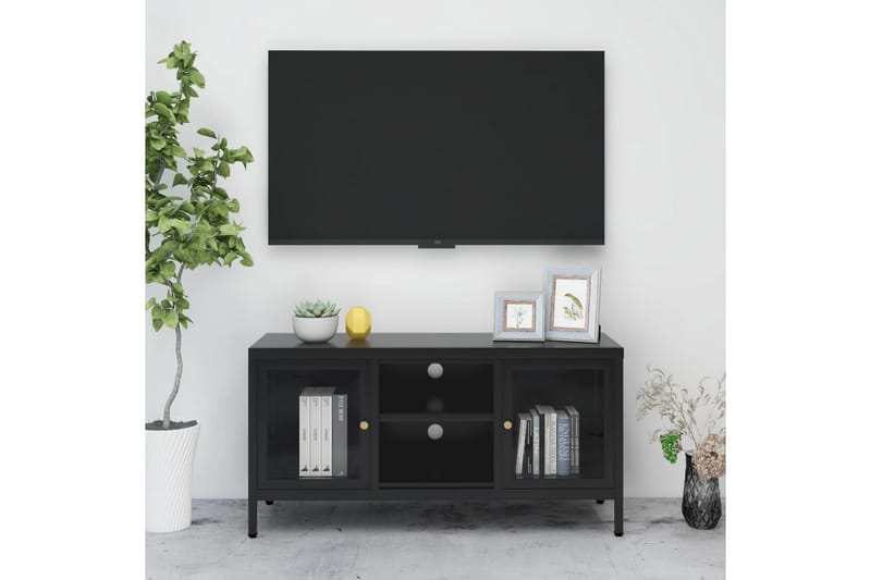 TV-benk svart 105x35x52 cm stål og glass - Svart - TV-benk & mediabenk