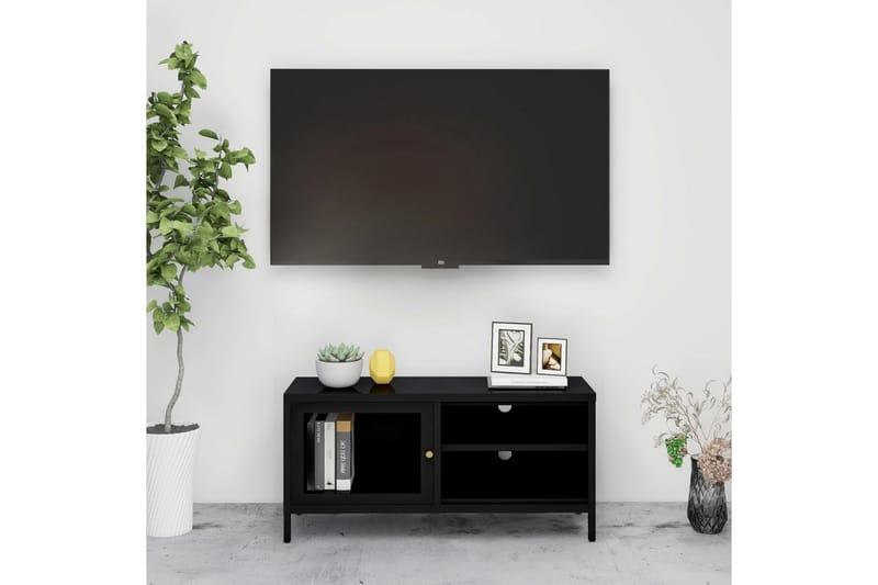 TV-benk svart 90x30x44 cm stål og glass - Svart - TV-benk & mediabenk