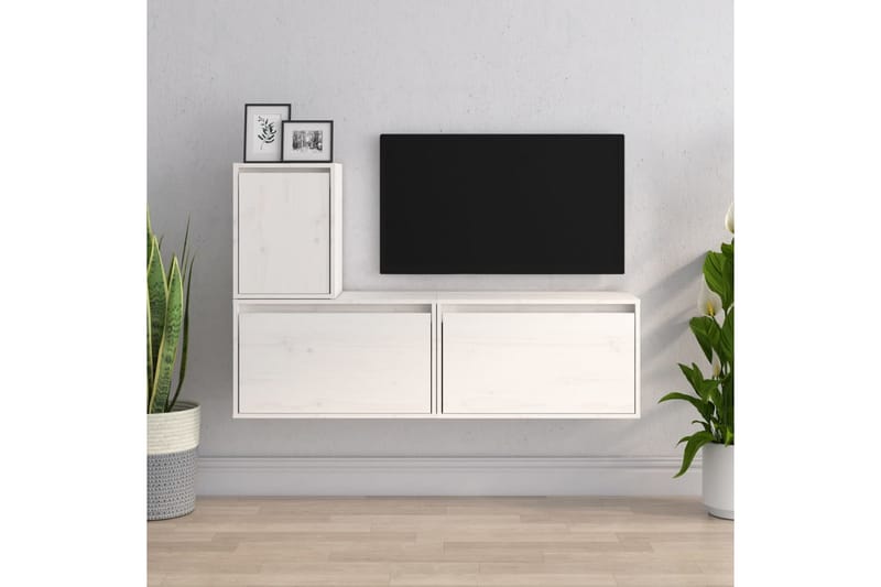 TV-benker 3 stk hvit heltre furu - Hvit - TV-benk & mediabenk