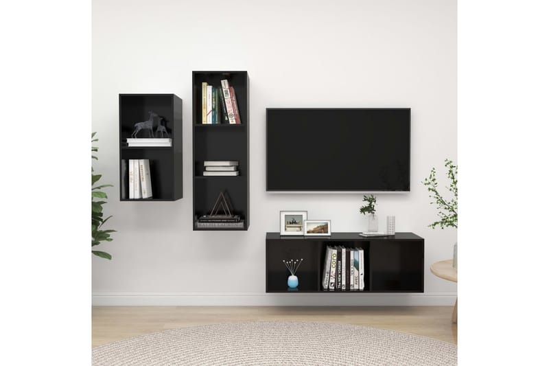 TV-benksett 3 deler höyglans svart sponplate - Svart - Møbler - Mediamøbel & tv møbel - TV-benk & mediabenk