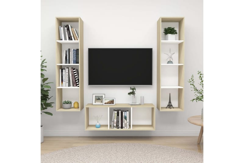 TV-benksett 3 stk hvit og sonoma eik sponplate - Beige - Møbler - Mediamøbel & tv møbel - TV-benk & mediabenk