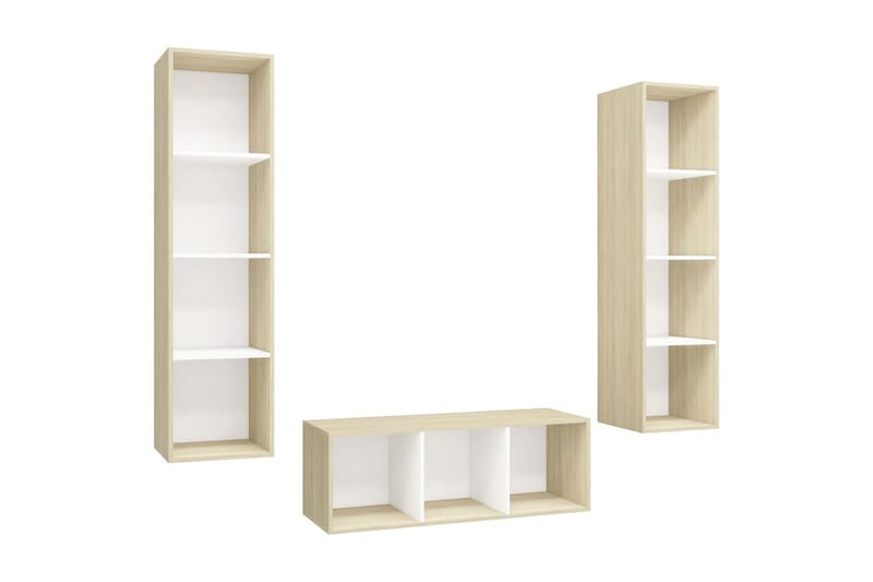 TV-benksett 3 stk hvit og sonoma eik sponplate - Beige - Møbler - Mediamøbel & tv møbel - TV-benk & mediabenk