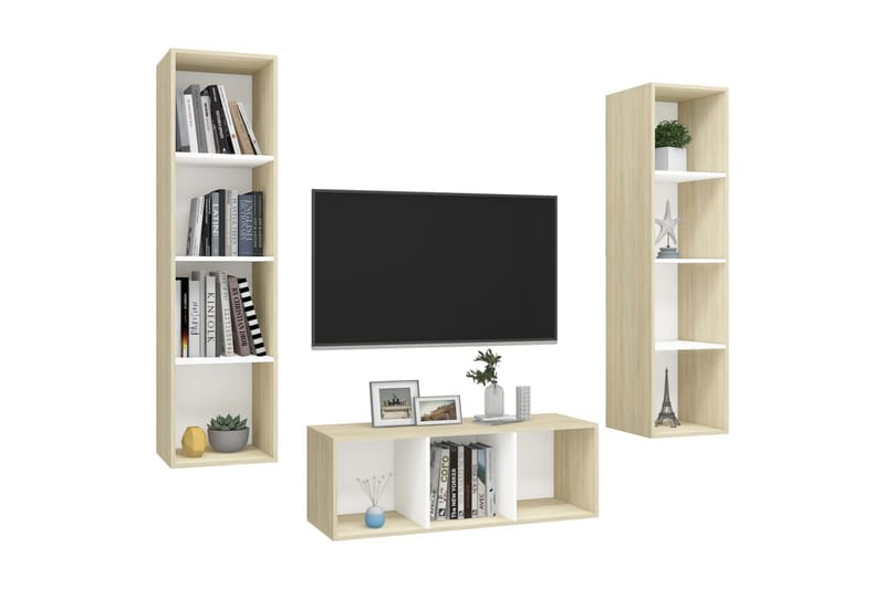 TV-benksett 3 stk hvit og sonoma eik sponplate - Beige - Møbler - Mediamøbel & tv møbel - TV-benk & mediabenk