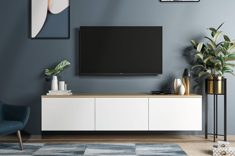 TV Stand 160 cm Hvit/Eik - Hvit/Natur - Møbler - Mediamøbel & tv møbel - TV-benk & mediabenk