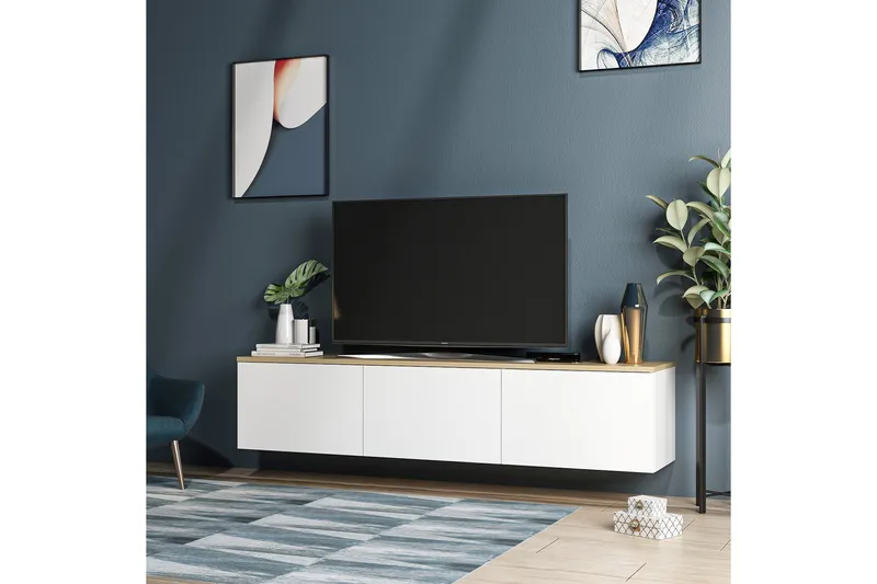 TV Stand 160 cm Hvit/Eik - Hvit/Natur - Møbler - Mediamøbel & tv møbel - TV-benk & mediabenk